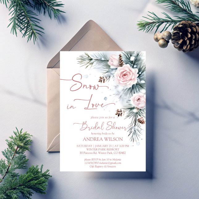 Convites Neve apaixonada por pinheiro de chá de panela de i (Snow in love winter bridal shower invitation snowy pines blush roses invitation templates download)