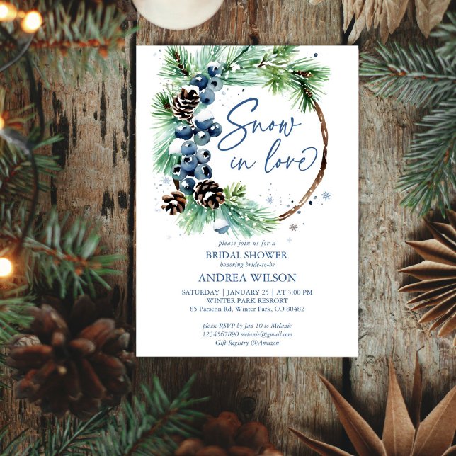 Convites Neve apaixonada por pinheiros de chá de panela de  (Snow in love winter bridal shower editable template invitation digital download watercolor pines)