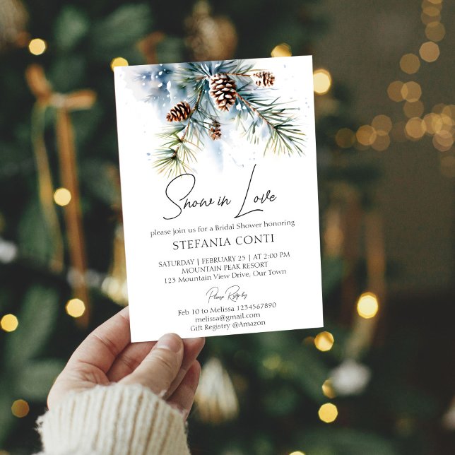 Convites Neve apaixonada por pinheiros de neve chá de panel (Snow in love boho snowy pines pinecones winter bridal shower invitation template )