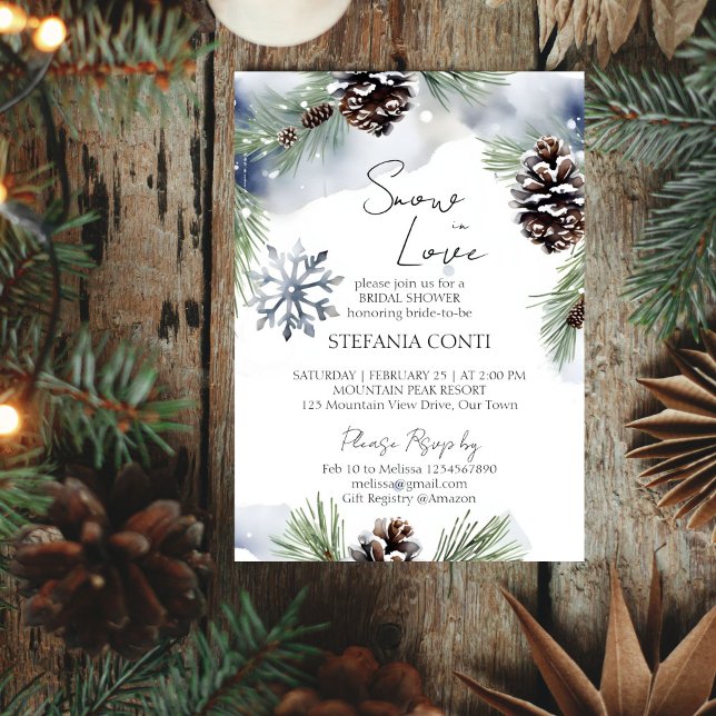 Convites Neve apaixonada por pinheiros de neve chá de panel (Snow in love winter bridal shower editable template invitation digital download watercolor pines)