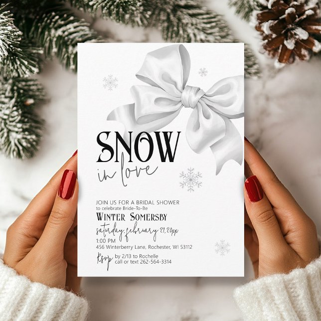 Convites Neve Com Amor Floco de Neve Chá de panela Arco Flo (Cute simple SNOW in Love minimalist snowflake white bow modern winter bridal shower invite)