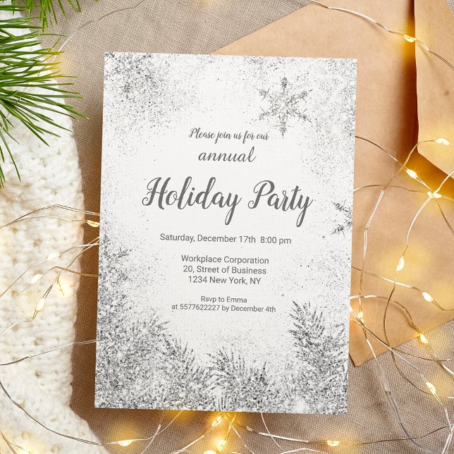 Convites Neve de prata branca de Natal (Silver glitter snow Christmas corporate white Invitation)