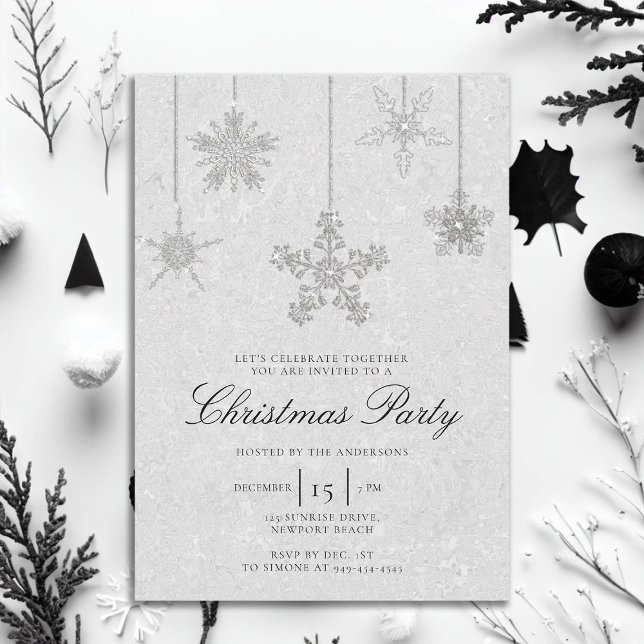 Convites Neve Neve Floco de Neve Preto Branco (rhinestones glitter christmas party invitation elegant black and white modern minimalist classy chic)