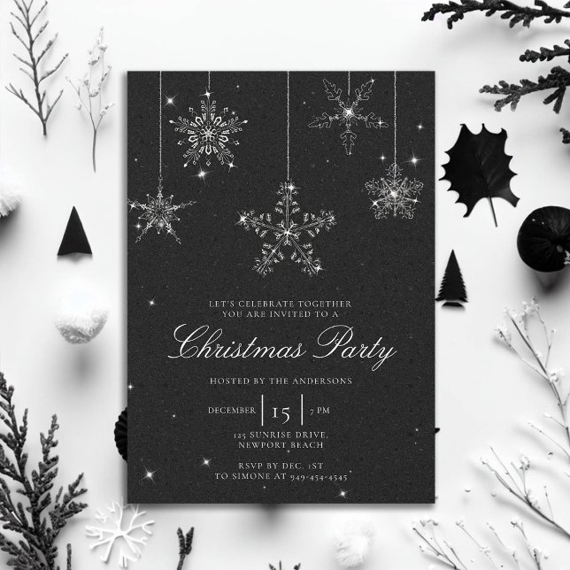 Convites Neve Neve Floco de Neve Preto Branco (rhinestones glitter christmas party invitation elegant black white modern minimalist classy stylish )