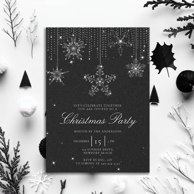 Convites Neve Neve Flocos de Natal (rhinestones glitter drips christmas party invitation elegant black white modern minimalist classy)