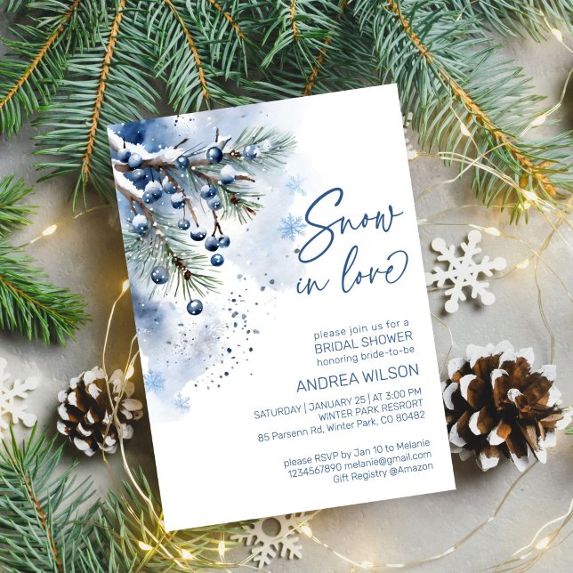 Convites Neve no amor chá de panela de inverno (Snow in love winter bridal shower editable template invitation digital download watercolor pines)