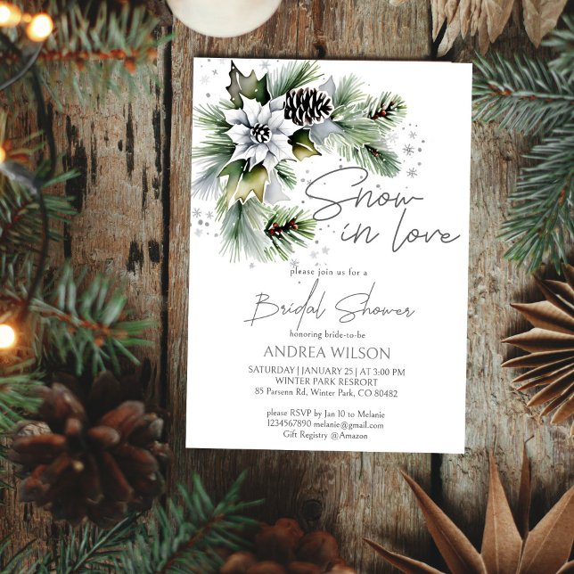 Convites Neve no amor chá de panela de inverno (Snow in love winter bridal shower template invitation digital download watercolor white poinsettia)