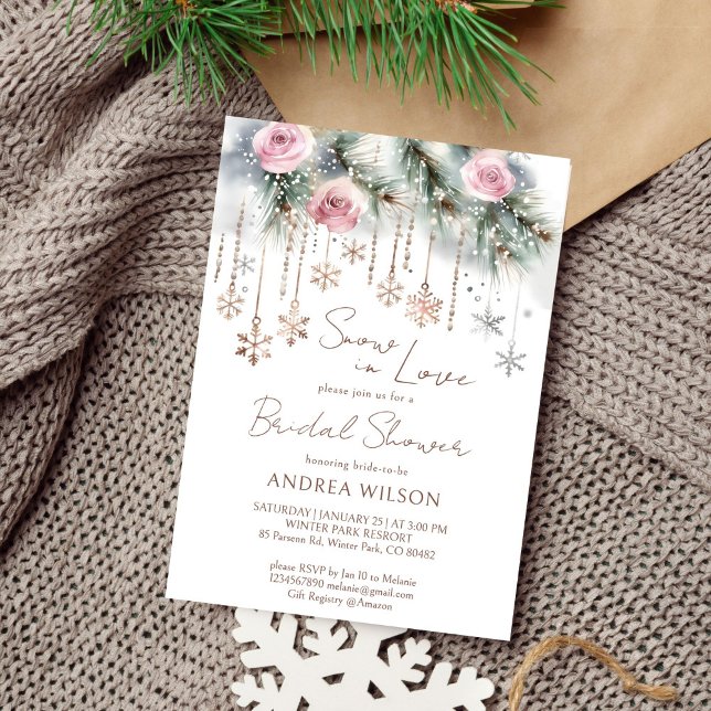 Convites Neve no amor chá de panela de inverno (Snow in love winter bridal shower editable template invitation digital download watercolor pines)