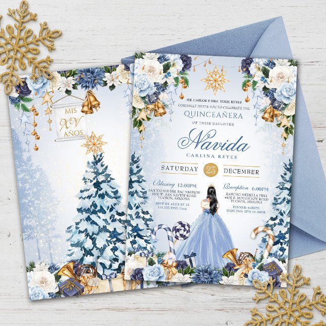 Convites Neve Winter Ice Blue e Dourada Quinceanera Floral (Criador carregado)