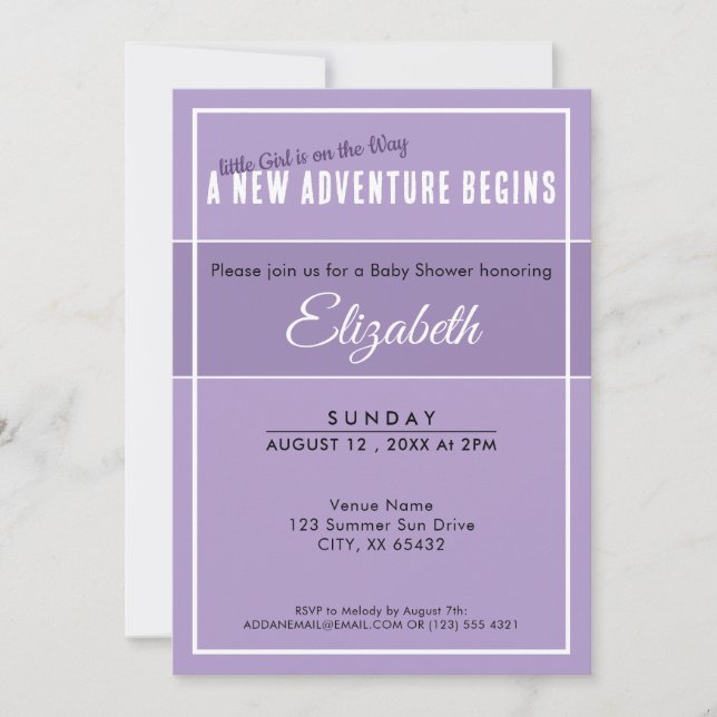 Convites New Adventure Begins Purple Babyshower Invitation (Frente)