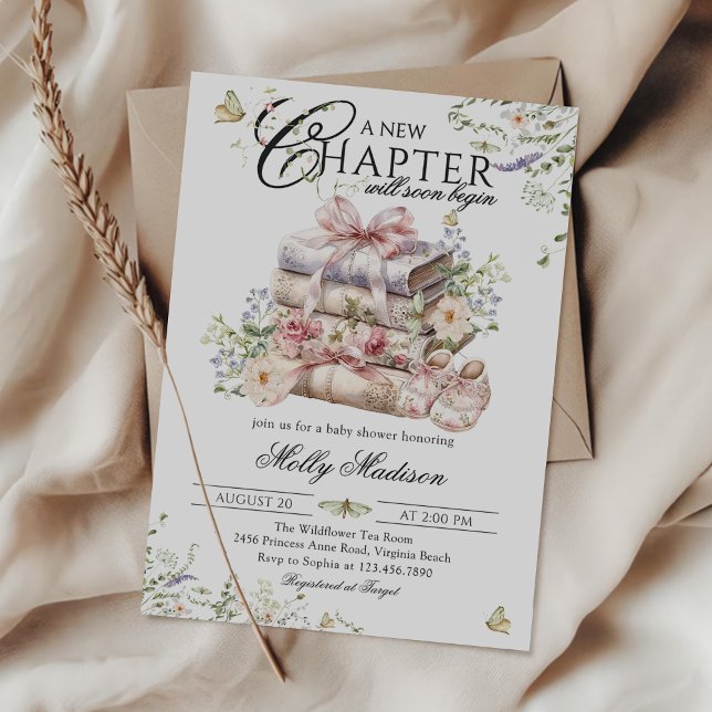 Convites New Chapter Begin Floral Bow Book Book Baby Shower (Criador carregado)
