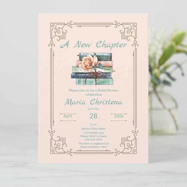 Convites New Chapter Begins Bridal Shower Book Stack Floral (Em pé/Frente)