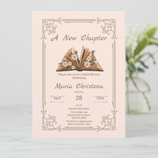 Convites New Chapter Begins Bridal Shower Floral Open Book (Em pé/Frente)