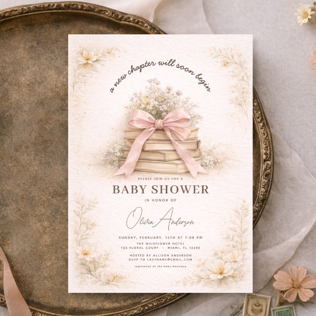 Convites New Chapter Begins Pink Bow Books Baby Shower (Criador carregado)