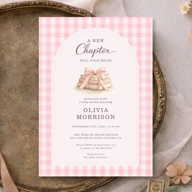 Convites New Chapter Begins Pink Gingham Baby Shower (Criador carregado)