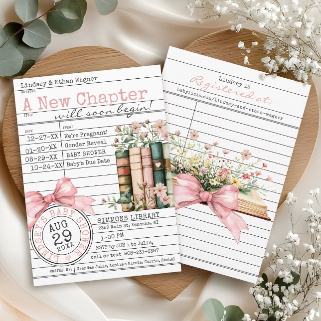 Convites New Chapter Library Card Book Bow Baby Girl Shower (A New Chapter floral books wildflower pink bows library card cute modern baby girl shower invitation)