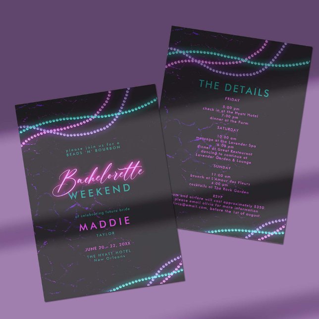 Convites New Orleans Miçanga Neon Bachelorette Itinerary (new orleans bachelorette weekend itinerary invitation neon pink teal purple beads and bourbon classy)