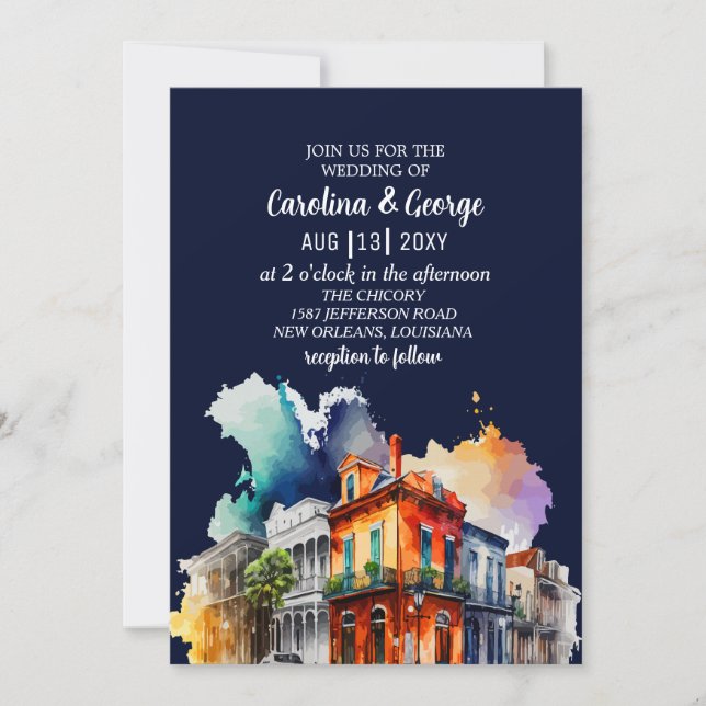Convites New Orleans Nola Louisiana - Casamento por Aquarel (Frente)
