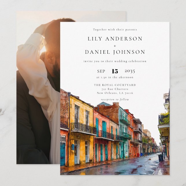 Convites New Orleans Watercolor Destination Photo Wedding (Frente/Verso)