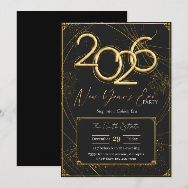 Convites New Year 2026 Party Invitation Printable (Frente/Verso)
