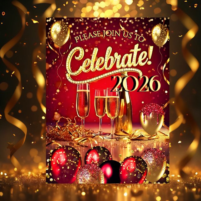 Convites New Year’s Eve Party Red Gold Champagne Streamers (Criador carregado)