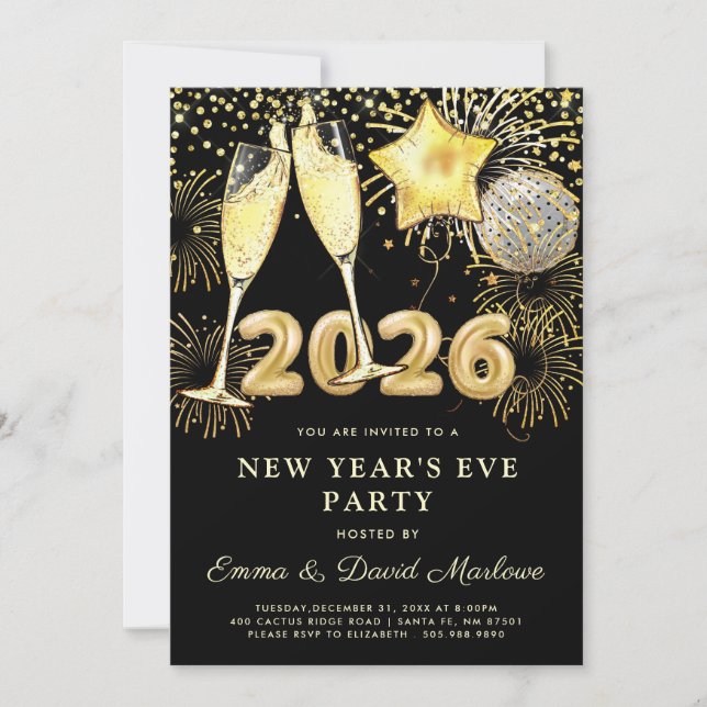 Convites New Year's Eve Party 2026 Gold Black Modern (Frente)
