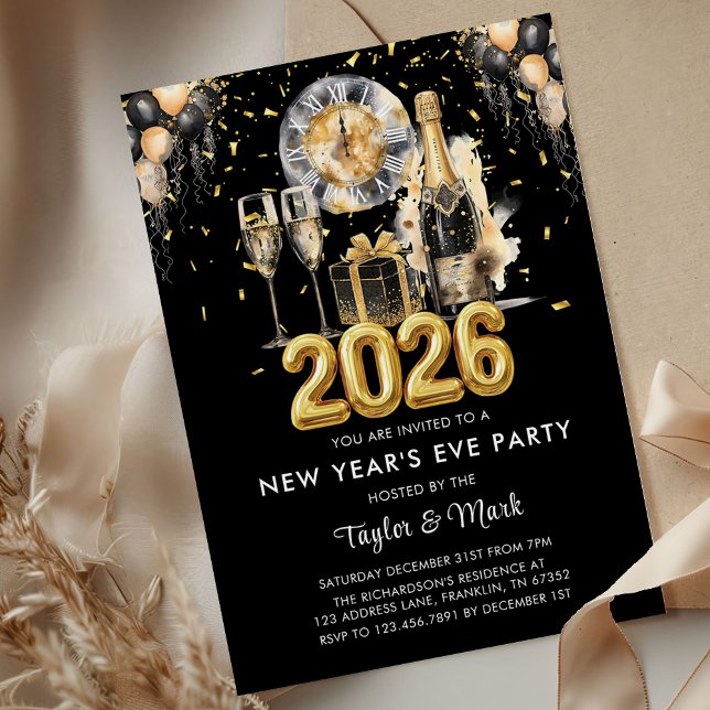 Convites New Year's Eve Party Balck Gold Glitter Champagne (Criador carregado)