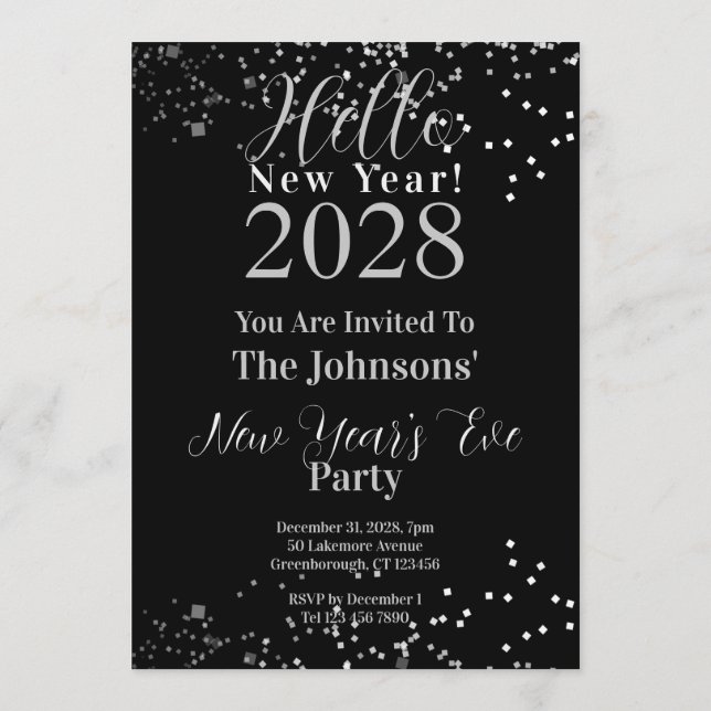 Convites New Year's Eve Party Black and Silver Sparkle (Verso)