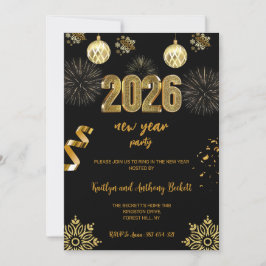 Convites New Year's Eve Party Black & Gold Balloon Confetti