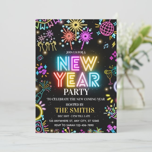 Convites New Years Party invite, Glow NYE invitation (Em pé/Frente)