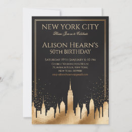 Convites New York City Skyline 50th Birthday Black & Gold