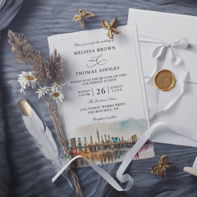 Convites New York Destination Modern Budget QR Code Wedding (Criador carregado)