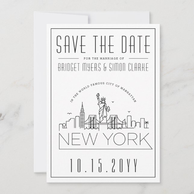 Convites New York Wedding | Skyline Estilizado Salvar a Dat (Frente)