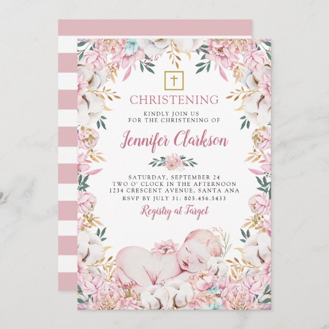 Convites Newborn Floral Christening (Frente/Verso)