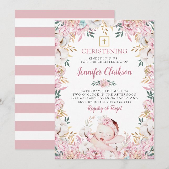 Convites Newborn Floral Christening (Frente/Verso)