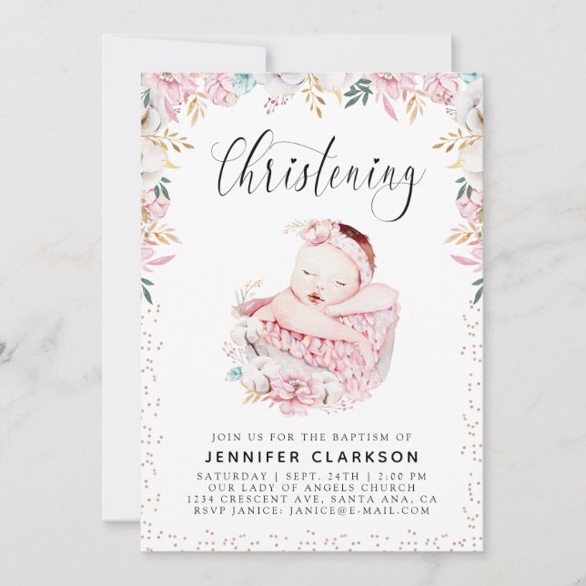 Convites Newborn Floral Christening (Frente)
