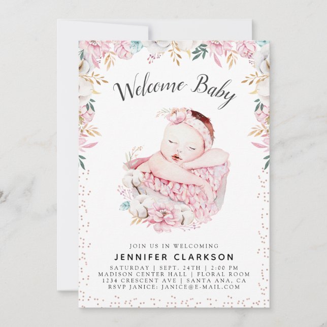 Convites Newborn Floral Welcome Baby (Frente)
