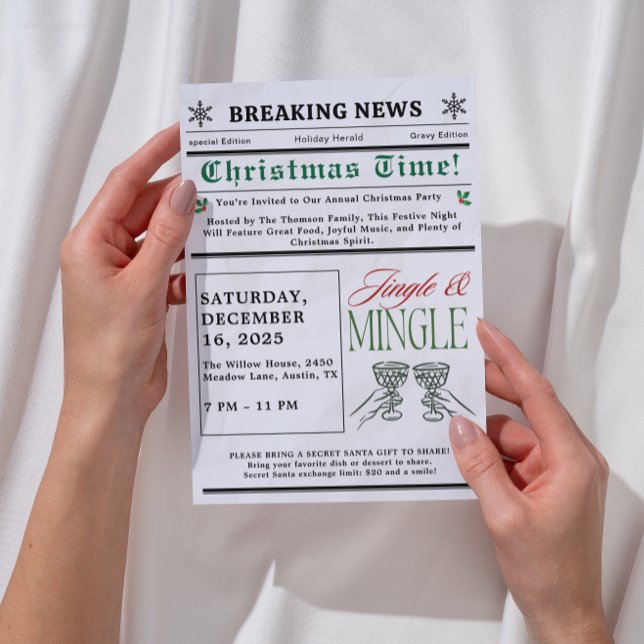 Convites Newspaper Jingle and Mingle Cocktail Christmas  (newspaper jingle and mingle christmas invitations exchange christmas cocktail party white elephant )