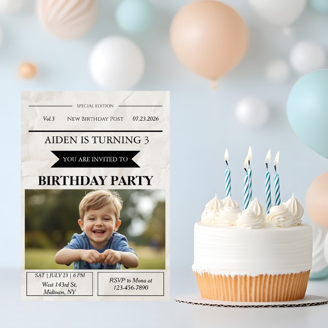 Convites Newspaper Style Custom Photo Birthday (Criador carregado)