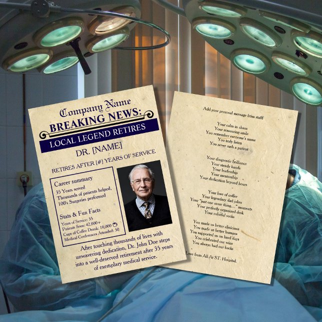 Convites Newspaper Style Doctor Retirement Card | Custom (Criador carregado)