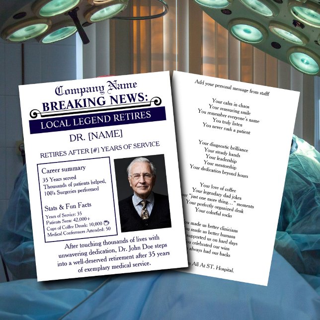 Convites Newspaper Style Doctor Retirement Card | Custom (Criador carregado)