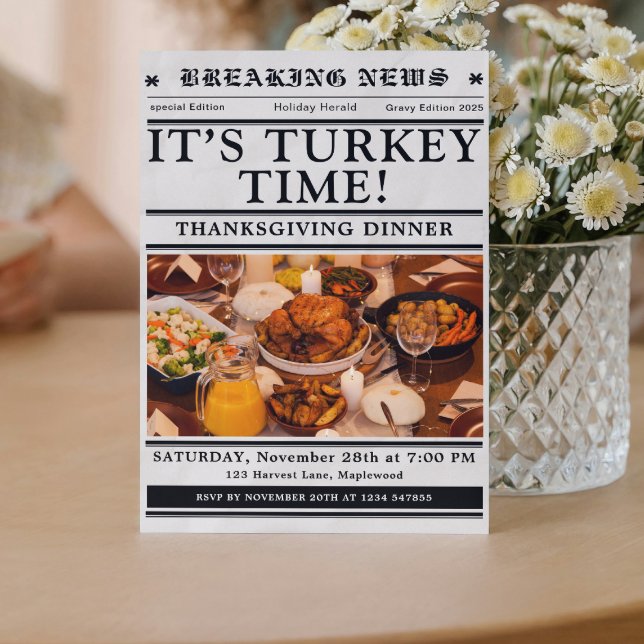 Convites Newspaper Thanksgiving Dinner Fall  (newspaper invitations unique fun classic vintage black and white)