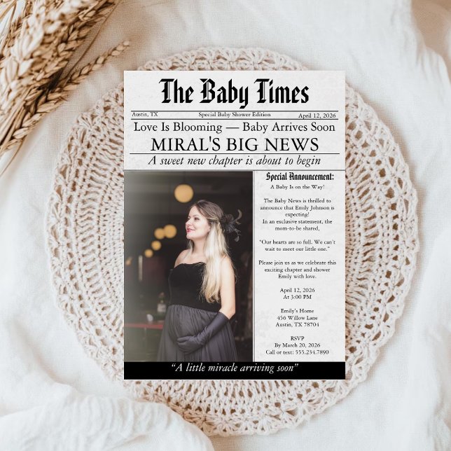 Convites Newspaper Unique Fun Photo aesthetic Baby Shower (Criador carregado)