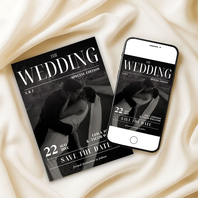 Convites Newspaper Wedding Save the Date Modern Magazine (Newspaper Wedding Save the Date Modern Magazine Invitation, Photo Wedding Invite, Magazine Cover)