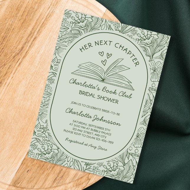 Convites Next Chapter Book Club Sage Green Bridal Shower (Next Chapter Book Club Sage Green Bridal Shower Invitation)