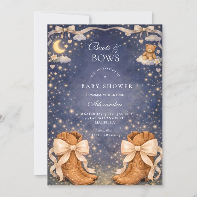Convites Night Sky Boots And Bows Baby Shower (Frente)