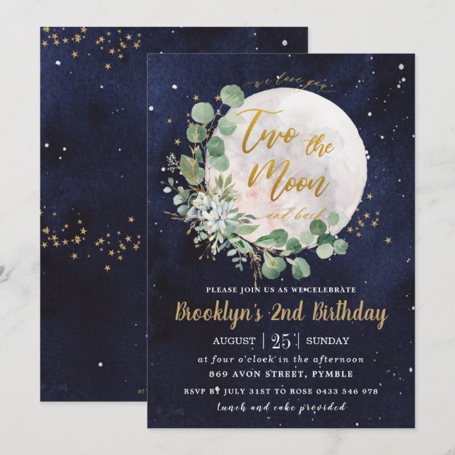 Convites Night Sky Greenery Dois da Festa do segundo aniver (Frente/Verso)