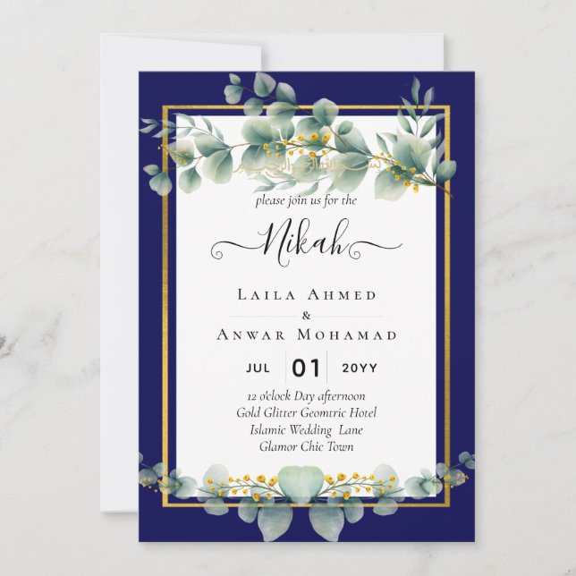 Convites NIKAH MARINHO Verde DOURADO AZUL Casamento Eucalyp (Frente)