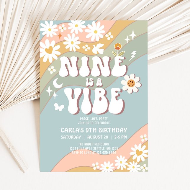 Convites NINE é um Vibe Daisy Hippie 70s Retro Birthday (Criador carregado)