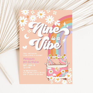 Convites Nine é um Vibe Groovy Pink Daisy 9º Aniversário